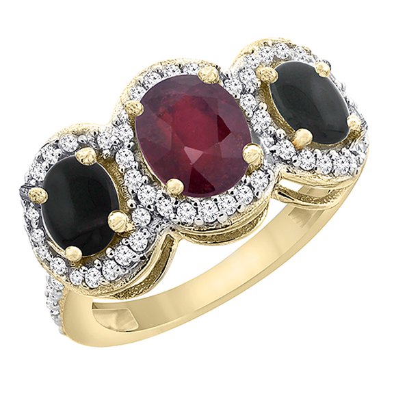 14K Yellow Gold Natural HQ Ruby & Black Onyx 3-Stone Ring Oval Diamond Accent, size 9