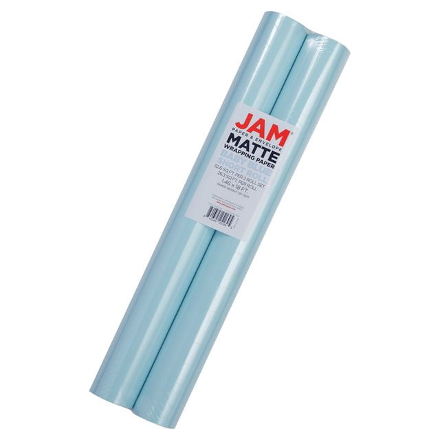JAM Paper Matte Wrapping Paper, 52.6 Sq ft Total (17 in x 18 Ft Each), Light Baby Blue, 2 Rolls
