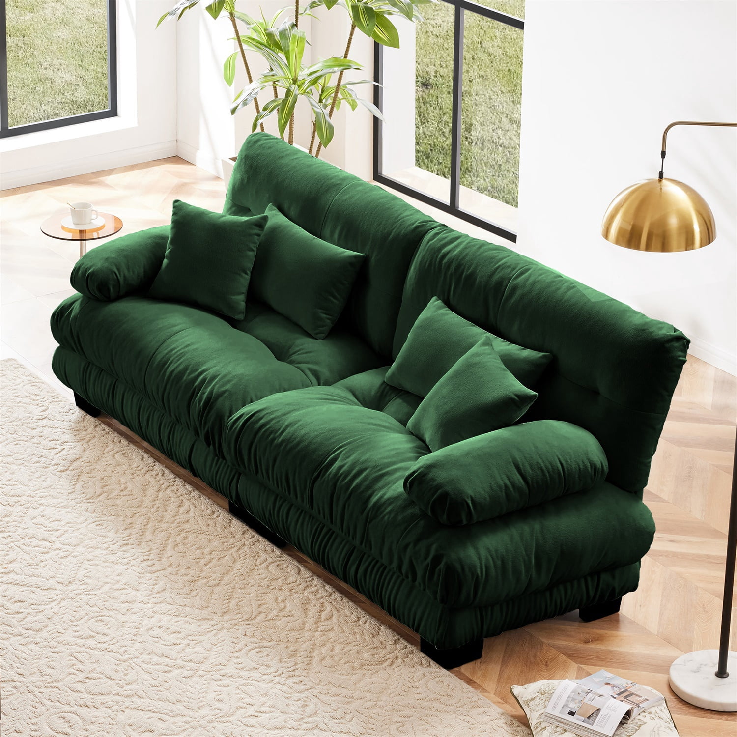 Hommoo Chenille Fabric Cloud Couch Loveseat with 2 Lumbar Pillows and 2 Throw Pillows, 2 Seater Sectional Sofa Couches for Living Room Apartment, Green