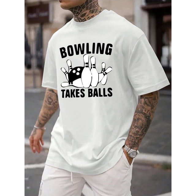 Crew Neck Bowling Print Men's Fashionable Summer Short Sleeve Sports T-shirt, Comfortable And Versatile