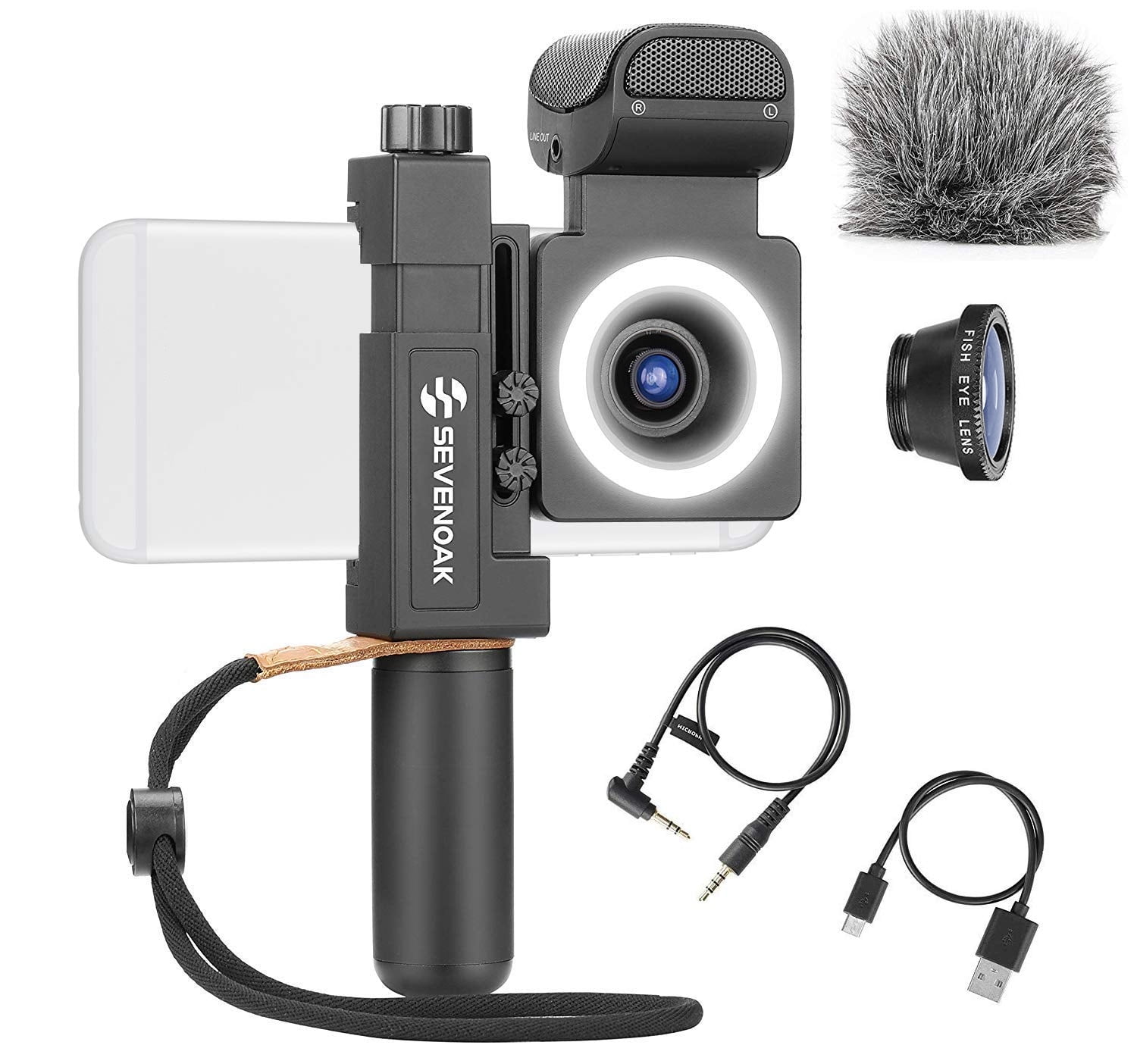 Sevenoak SmartCine by Movo - Complete Universal Smartphone Video Kit with Phone Rig, Built-in Stereo Microphone & LED Light, Wide-Angle & Fisheye Lenses - Compatible with iPhone & Android Smartphone