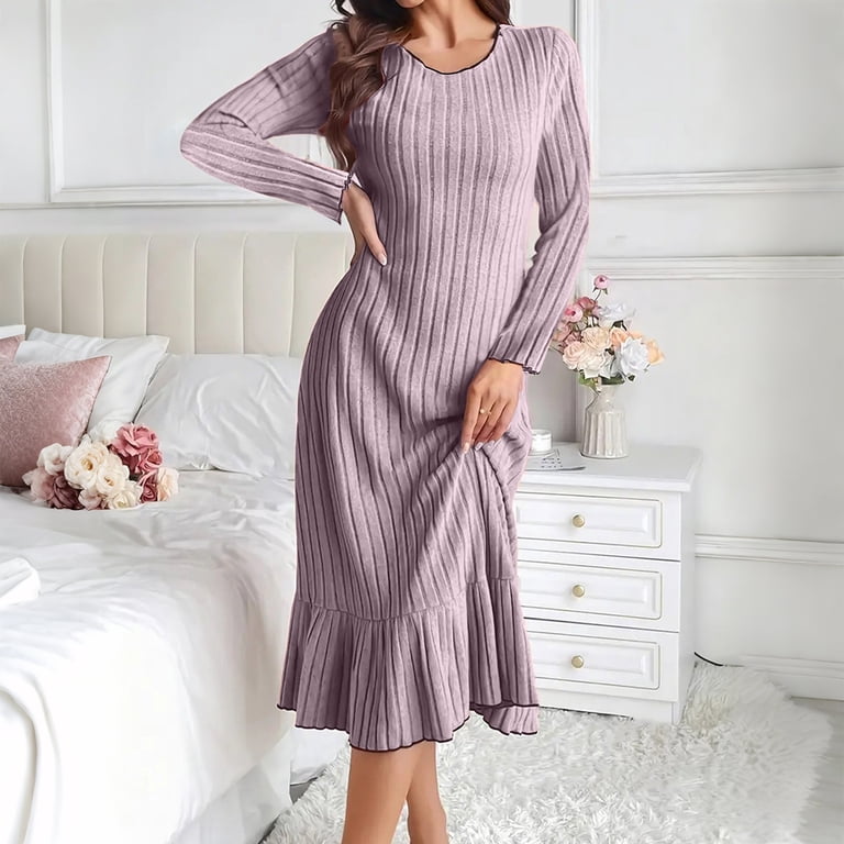 slim ribbed knit midi dress Sawobuun Womens Ribbed Knit Midi Dress Long Sleeve Ruffle Hem Slim Fit Spring Fall Casual Sweater Dress, Women's, Size: XL, Purple