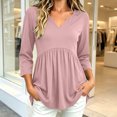 thumbnail image 3 of IUYRTFE Women V Neck 3/4 Sleeve Pleated Tunic Top with Pockets for Casual Daily Wear, 3 of 8