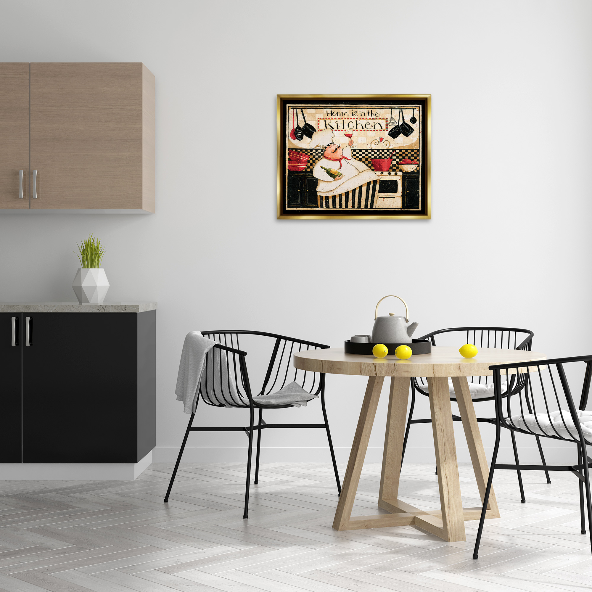 Stupell Industries Happy Chef Kitchen Phrase Food & Beverage Painting Gold Floater Framed Canvas Art Print Wall Art, 31 x 25