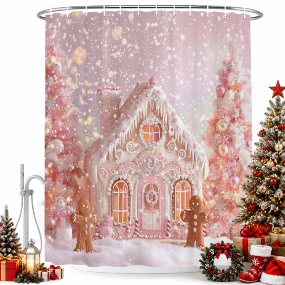 Pink Xmas Tree Candy Cookies Shower Curtain for Bathroom, Winter Snowflake Ball Waterproof Shower Curtains Washable Quick Dry with Hooks Bathtub Curtains 36x72IN
