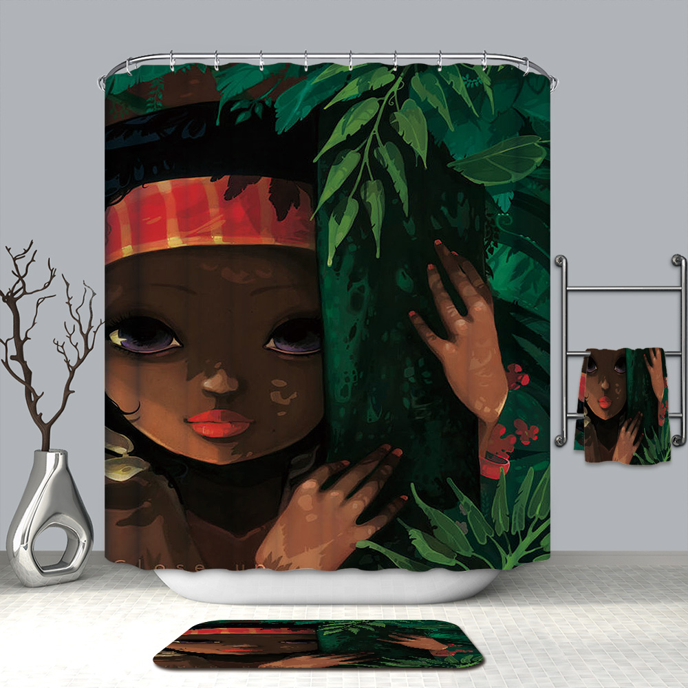Black Girl Fabric Shower Curtain with 12 Hooks Greenery Leaf Red Scarf