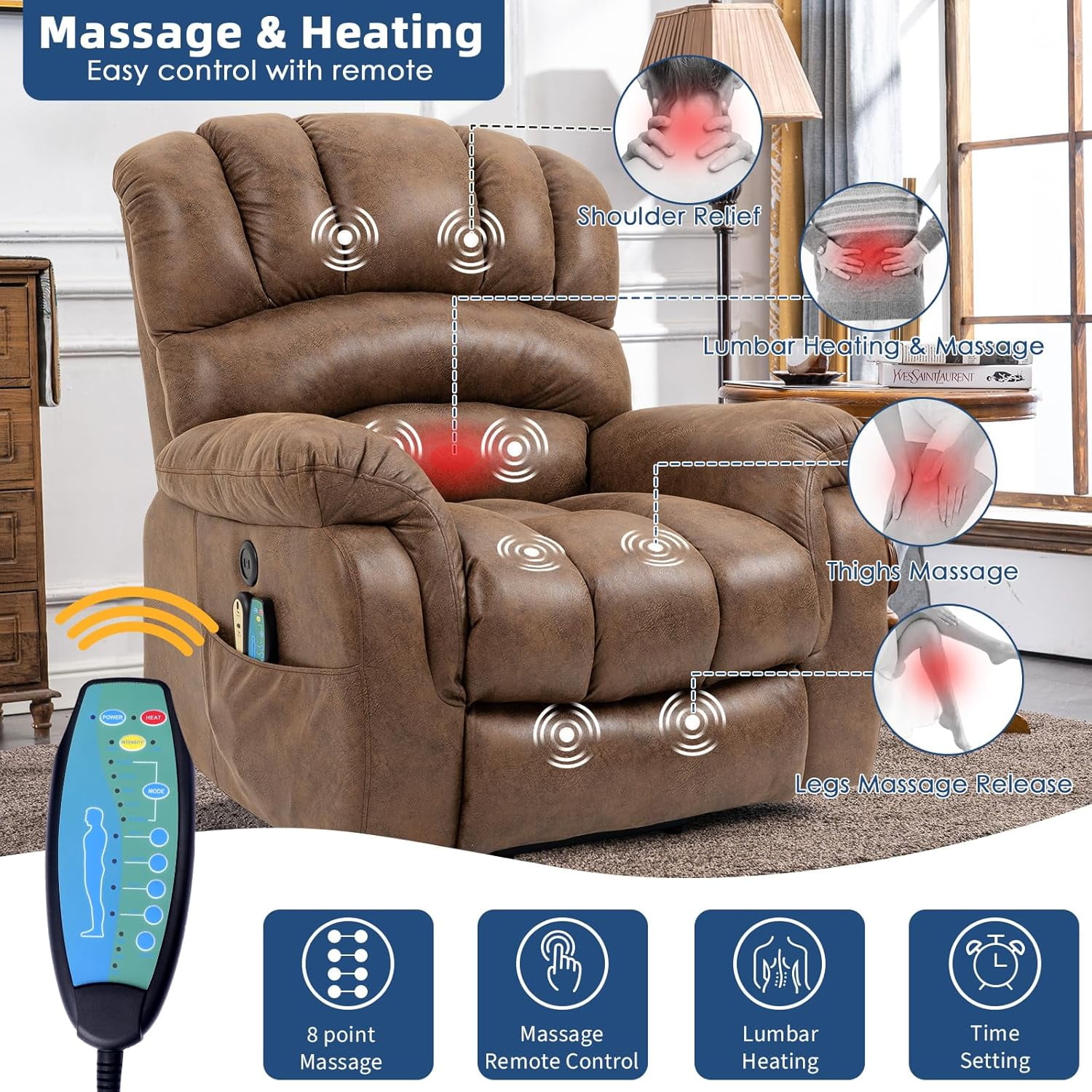 Large Electric Power Lift Recliner Chair with Extended Footrest for Elderly Tall Man, Overstuffed Heated Massage Wide Reclining Sofa with 2 Remote Controls, Side Pockets & USB Ports, Brown