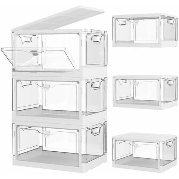 3-Pack 24 QT Clear Stackable Storage Bins with Lids & Magnetic Doors - Open Front Plastic Closet Organizers, Multifunctional Folding Storage for Bedrooms, Living Rooms, Study, and Kids' Toys