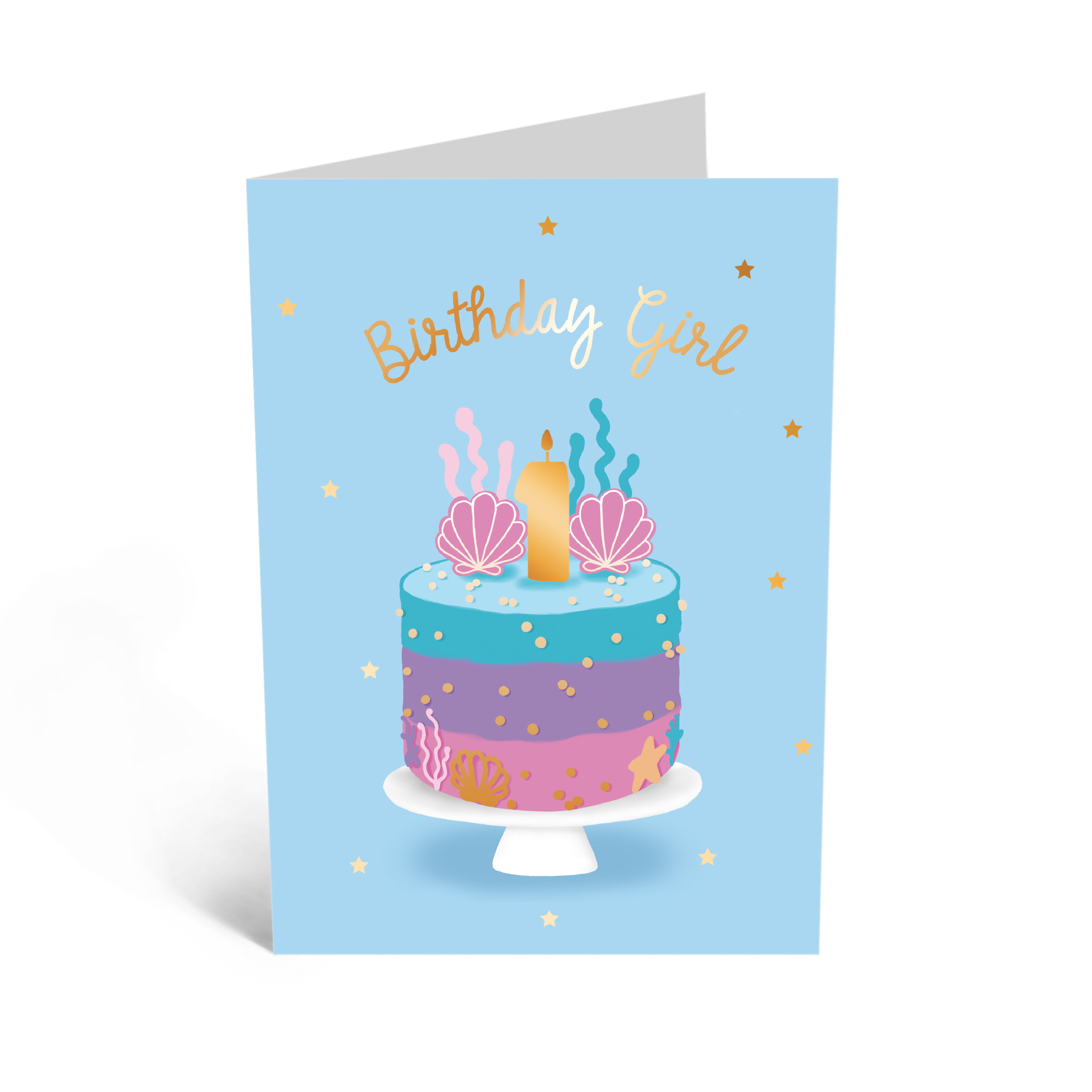 First Birthday Card for Girls - Happy 1st Birthday - Age 1 - One Year Old -  Shell and Star - Cute Cake Greeting Card - Kids - Daughter Toddler  Granddaughter - Comes With Fun Stickers -By Central 23 