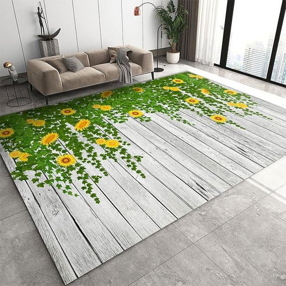 Sunflower Vine Leaves Area Rug, Vintage Grey Wood Plank Texture Indoor Rugs, Washable Carpet Soft Anti-Slip Backing Not Falling Off For Living Room Bedroom Entryway 4 x 5ft
