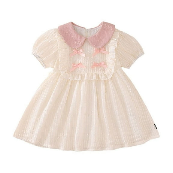 RUTAYY Kids Girls Casual Sleeve Dress With Bow Tie Collar Spring Summer Dresses Play Wear Sweet Dress , Beige, 3-4 Years