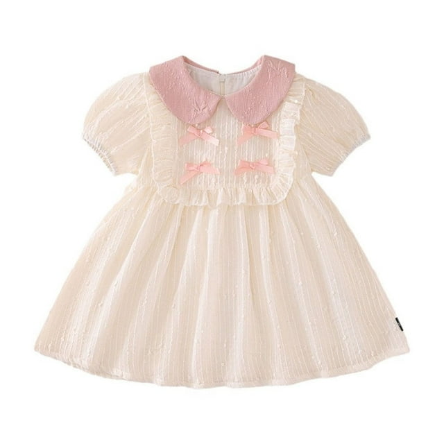 Robes Décontractées pour Petites Filles Robe à Manches avec Col à Nœud Papillon Tenue de Printemps Été Vêtements de Jeu pour Enfants Taille 5-6T