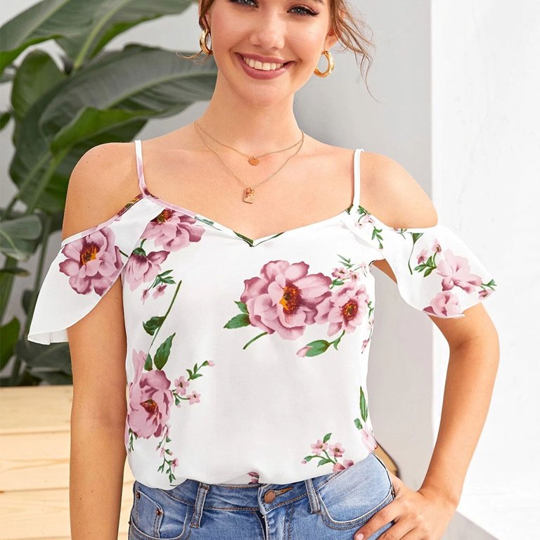 Tops for Women, Womens Floral Printed V-Neck Tops Sexy Cold Shoulder Short  Sleeve Workout Shirts Casual Loose Blouses : : Clothing, Shoes 