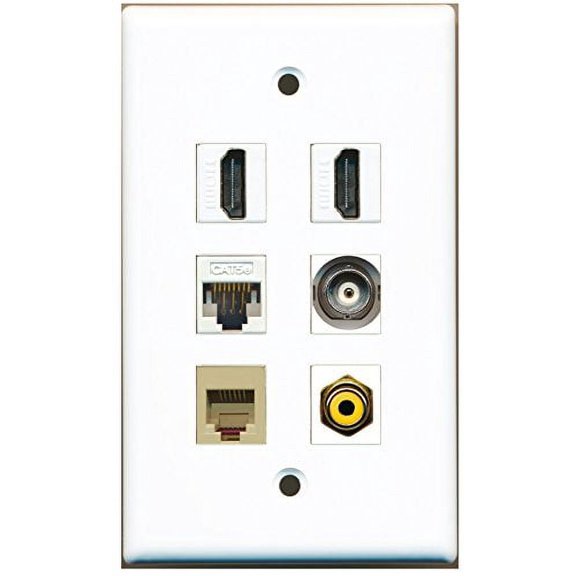 RiteAV - 2 HDMI 1 Port RCA Yellow 1 Port Phone RJ11 RJ12 Beige 1 Port BNC 1 Port Cat5e Ethernet White Wall Plate