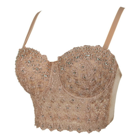 Yokua Women Embroidery Lace Bustier Crop Top Sequins for Rhinestone Push Up Corset Bra