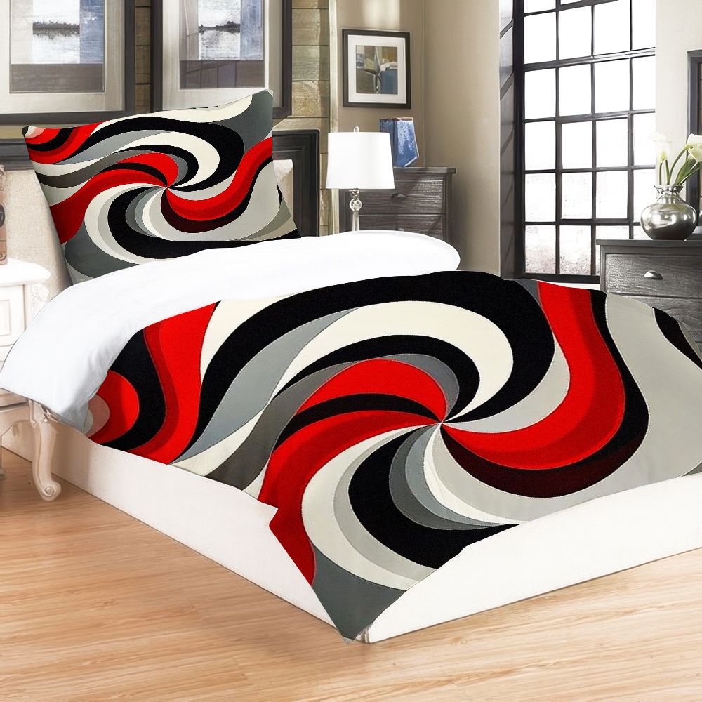 WNOOHIY Red Black White Gray Swirl Pattern 3Pcs Duvet Cover with Pillowcases, Queen/King