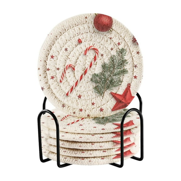6 Pcs Drink Coasters with Holder Absorbent Coasters Minimalist Home Decor Coaster Set Stylish Handmade Round Woven Coaster for Drinks Table Desk Protection Christmas Composition