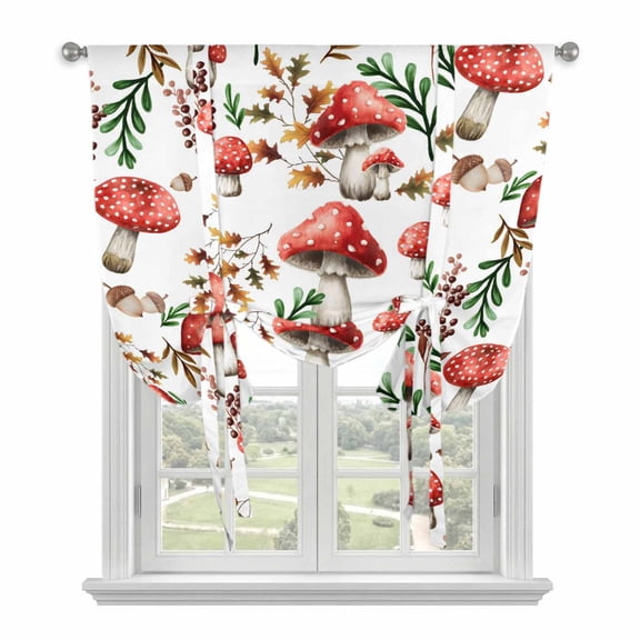 Red Mushrooms Tie Up Curtains for Windows, Adjustable Balloon Window Shades, Maple Leaves Plants Country Botanical Kitchen Window Treatments Adjustable Roll Up Curtain for Basement/Nursery 52"x45"