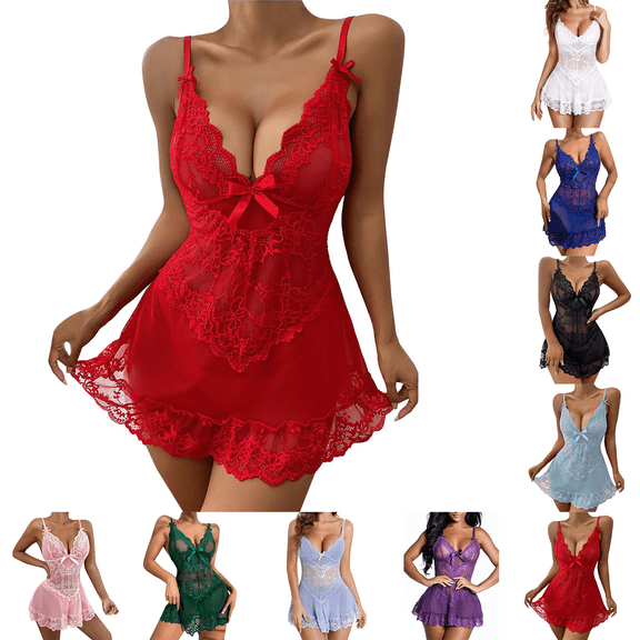 BWASD Women Pajamas Lace Set 2 Piece Fashion Cute Babydoll Sheer Mesh Lace V Neck Bodysuit with Panty Bowknot Tie Nightgown Sleep Dress (Black L)