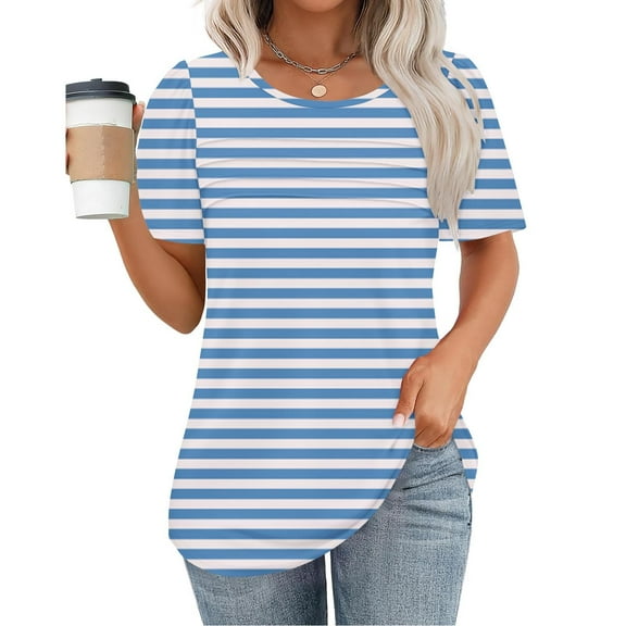 ALLLIST Short Sleeve Women's Tops Striped Blue T-Shirts Crew Neck Soft Pleated Tunic Tops for Ladies