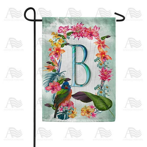 America Forever Summer Floral Wreath Monogram Garden Flag Letter B 12.5 x 18 inches Parrot Macaw Hibiscus Palm Leaves Double Sided Vertical Outdoor Yard Lawn Decorative Tropical Garden Flag