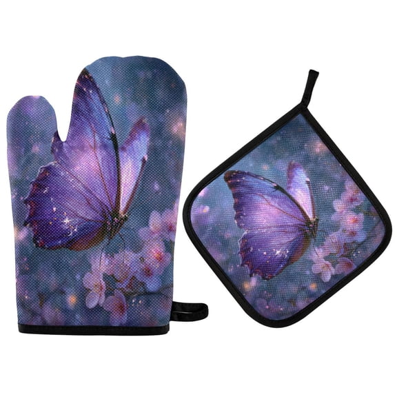 Wobogo Sakura Purple Butterfly Oven Mitts and Pot Holders 2pcs Set Kitchen Oven Glove High Heat Resistant 200 Degree Surface for Cooking