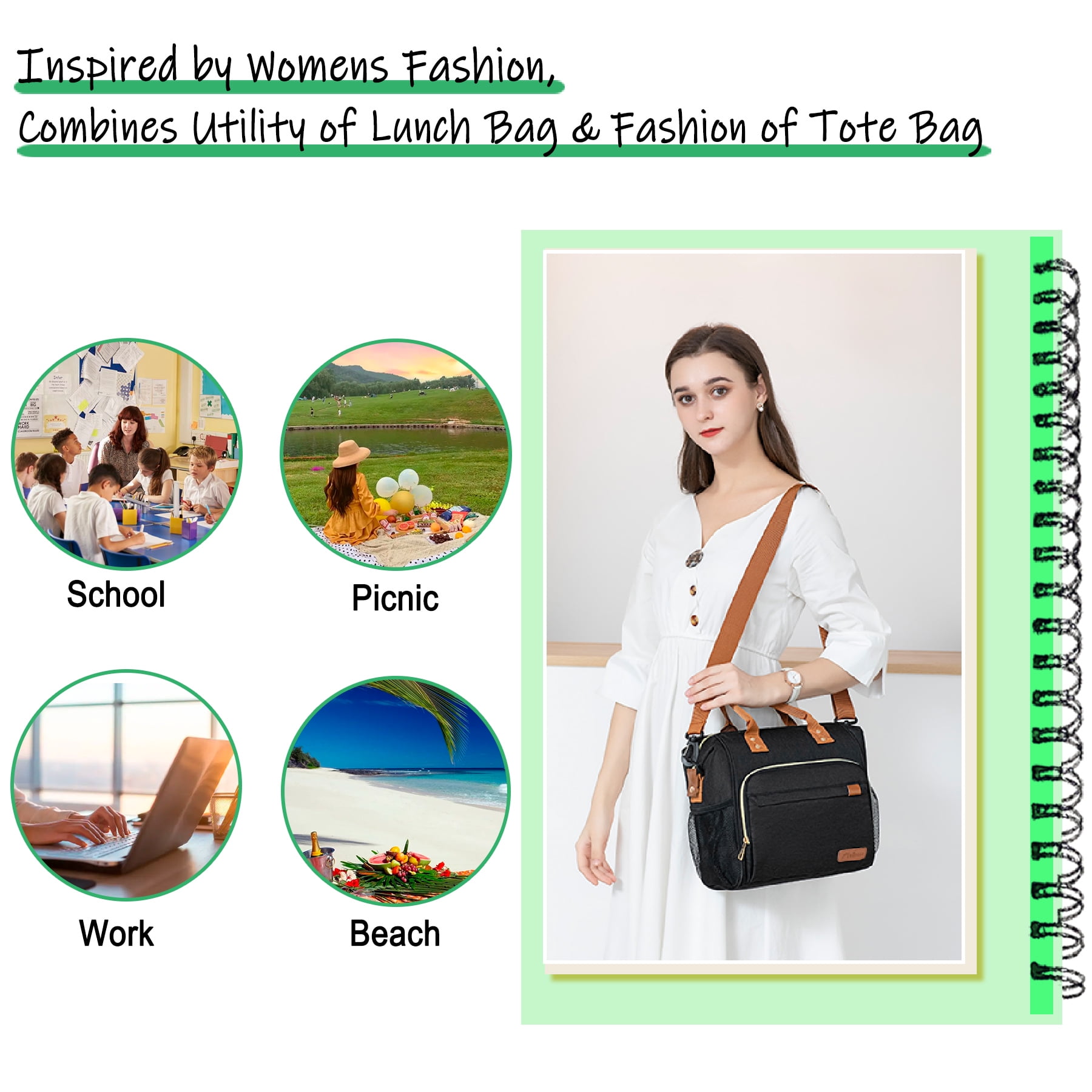 Insulated Lunch Bags for Women Men, Adult Lunch Box for Female Teacher Nurse Mom, Fashion Ladies Lunch Tote Bag for Work, Black