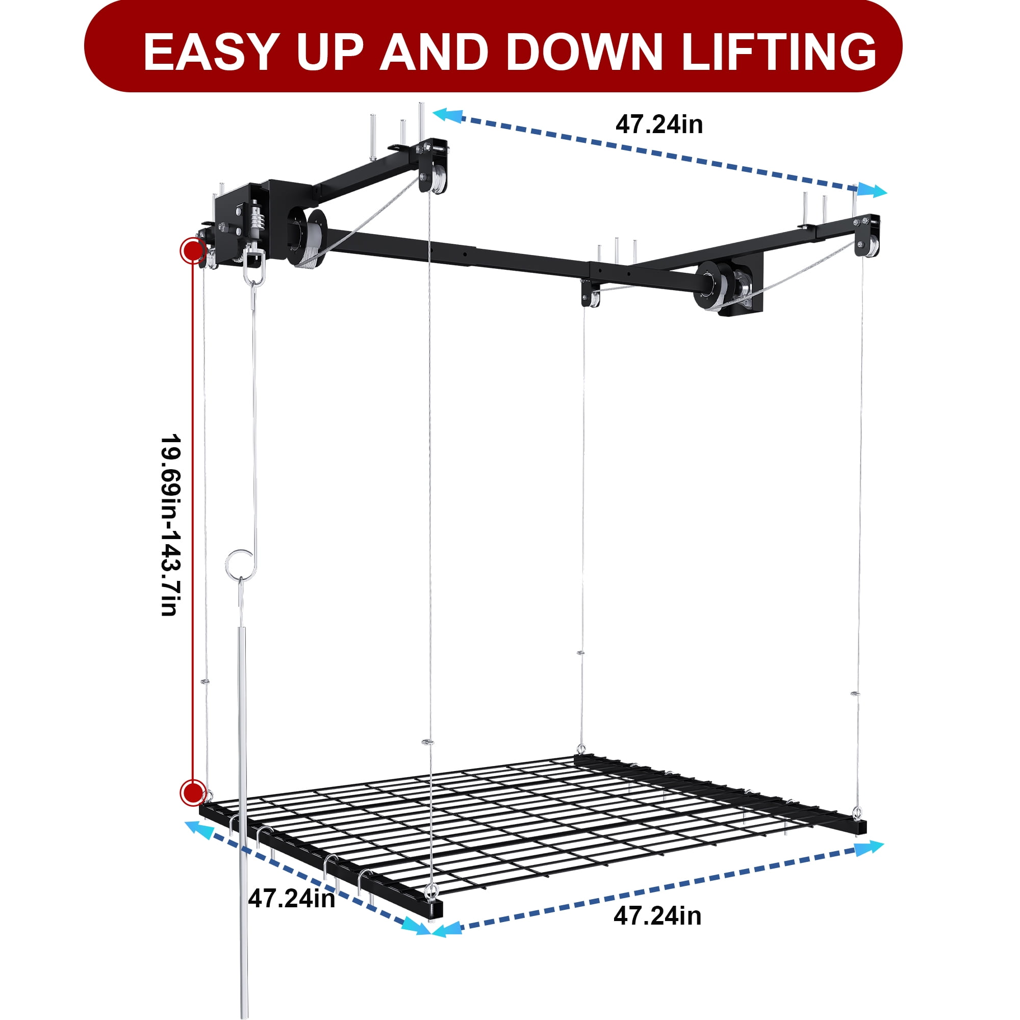 Aukfa 4x4 ft Ceiling Mounted Garage Storage Rack with Crank-Down System, 250 lbs Heavy Duty Overhead Storage Lift for Tires & Tools, Black