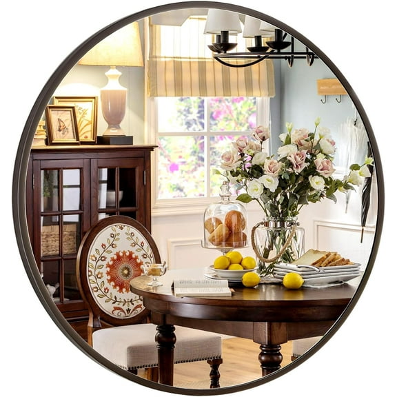 24 inch Circle Mirror, Round Mirror with Black Metal Frame, Hanging Wall Mounted Mirror for Living Room, Bedroom, Over Sink, Vanity