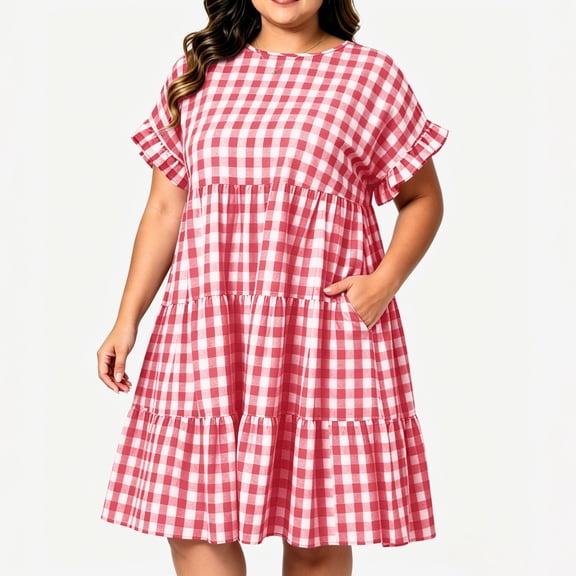 Wovilon Women's Plus Size Gingham Checkered Tiered Midi Dress with Pockets, Short Sleeve Crew Neck Loose Fit Casual Summer Vacation Smock Dress