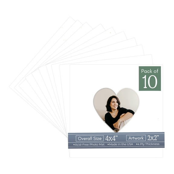 Textured White Picture Frame Mat for 4x4 Inch Frames - Heart Opening for 2x2 Photos - 10 Mats