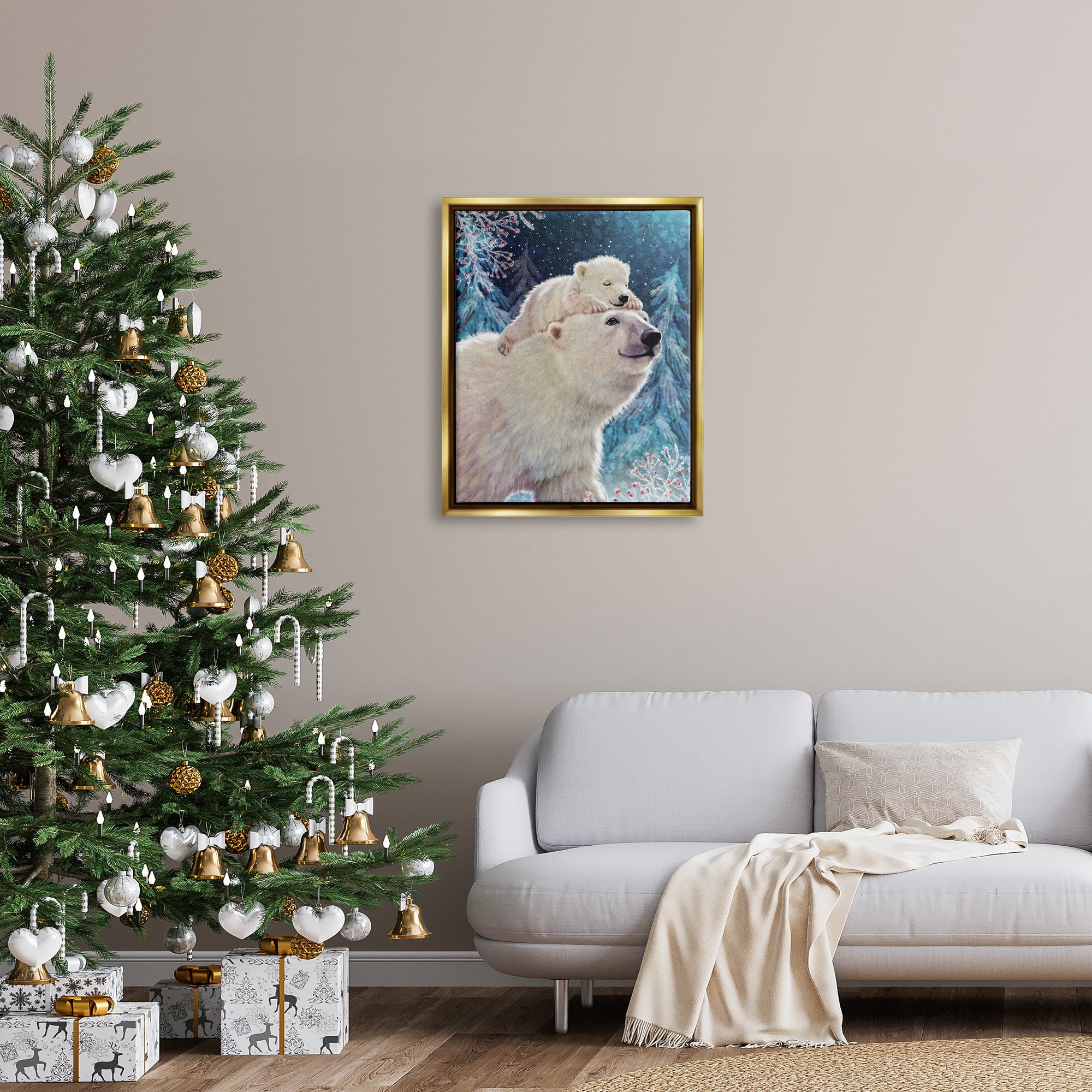 Stupell Industries Polar Bear & Cub Winter Scene Holiday Painting Gold Floater Framed Art Print Wall Art