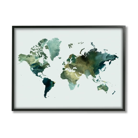 Stupell Green Toned World Map Travel & Places Painting Black Framed Art Print Wall Art