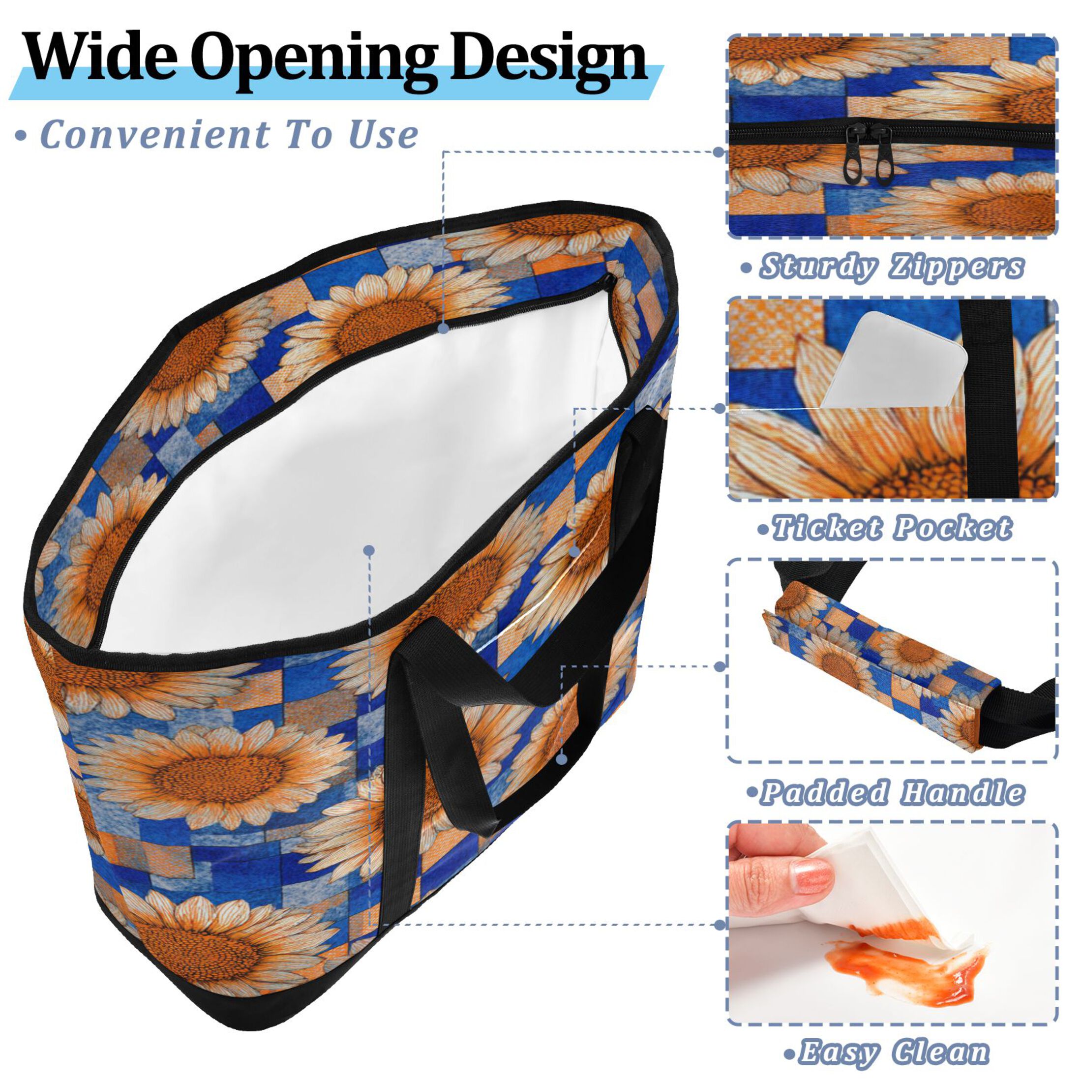 Extra-Large Wide Opening Design Capacity Hand-Held Ice Pack Thickened Insulation Layer For Long-Lasting Cold Retention For Outdoor Shopping Picnics And Camping Light Yellow Sunflowers