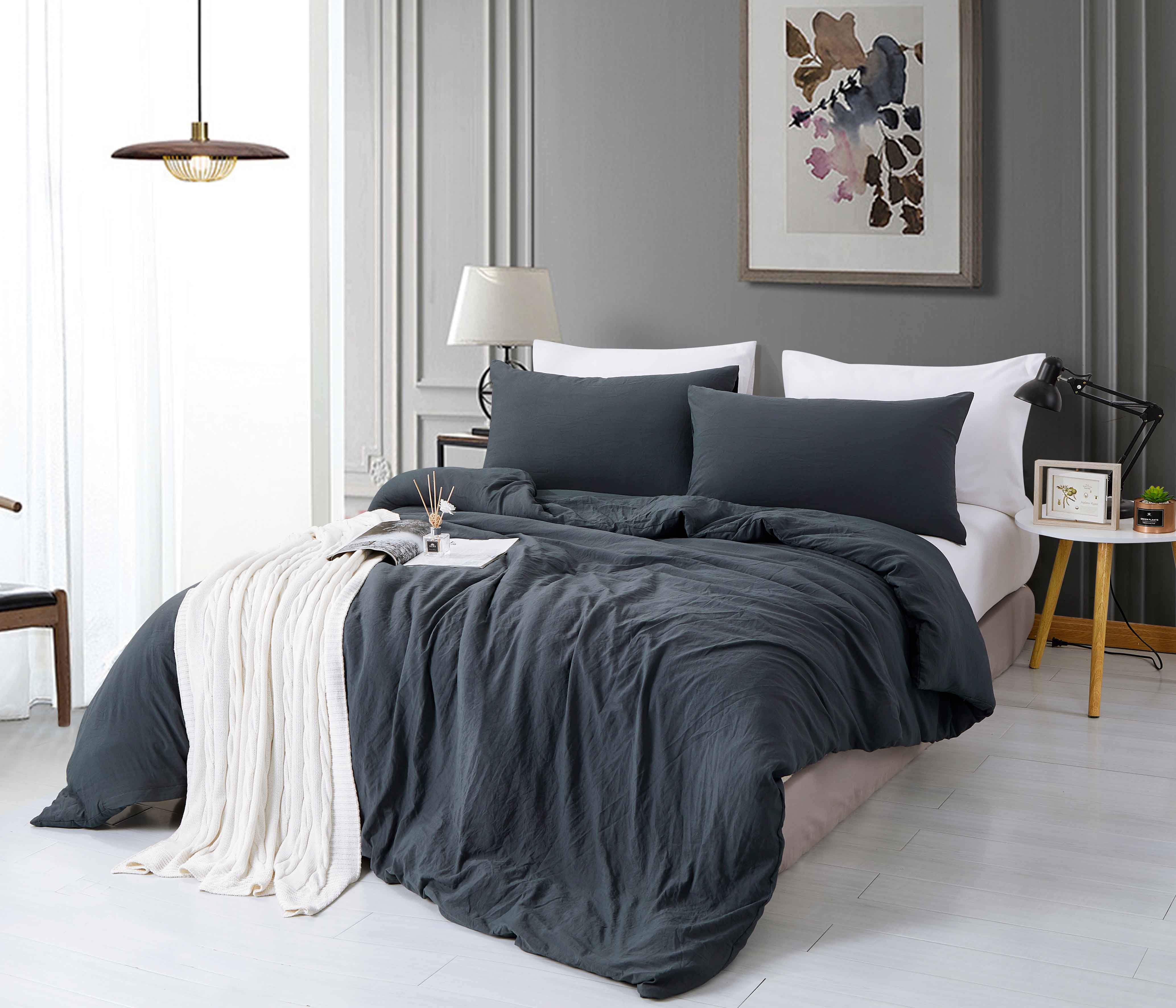 Alazuria Duvet Cover Set Soft Wrinkled Microfiber with zipper and 4 corner ties Charcoal color Queen size ( 90" x 90" )