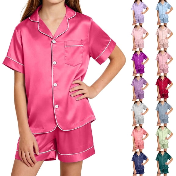 MKOSPLRT Big Girls 5-16 Years Solid Satin Pajama 2-Piece Set Short Sleeve Lapel Top and Shorts Soft Lightweight Sleep Outfit Gift for Tween Girls