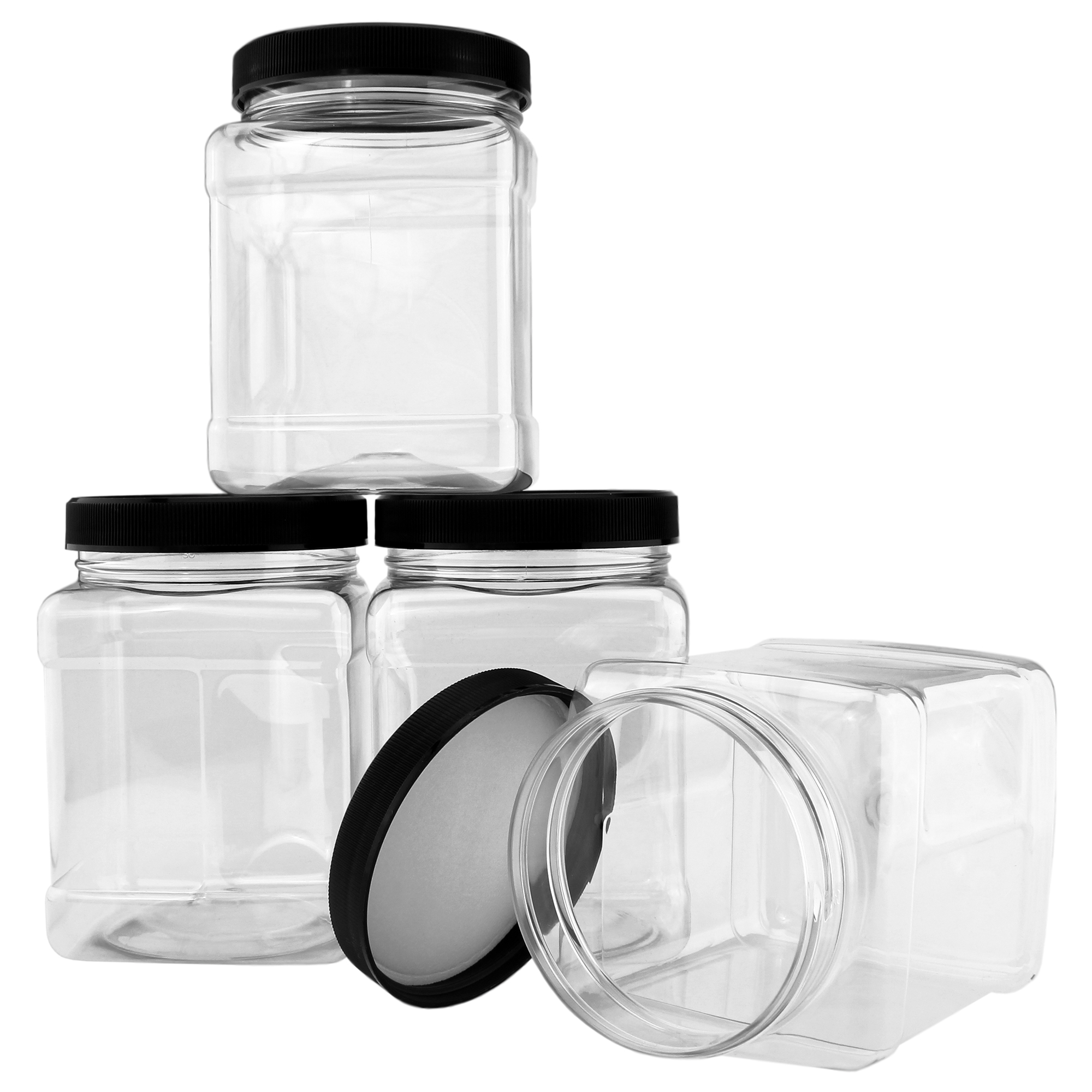 32oz Square Plastic Jars (4-Pack, Quart); Clear Rectangular 4-Cup Canisters w/Black Lids, Easy-Grip Side - image 5 of 6