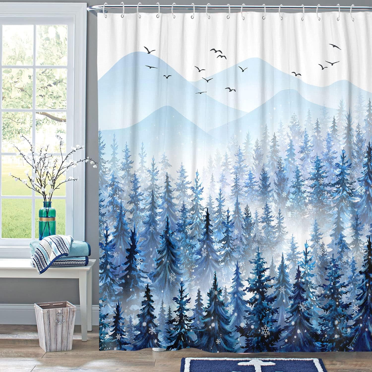 Winter Misty Forest Shower Curtain Christmas Snowflake Pine Tree Waterproof Fabric Shower Curtains for Bathroom Blue White Nature Mountain Xmas Snow Trees Bath Curtain Decor 72×72 Inches