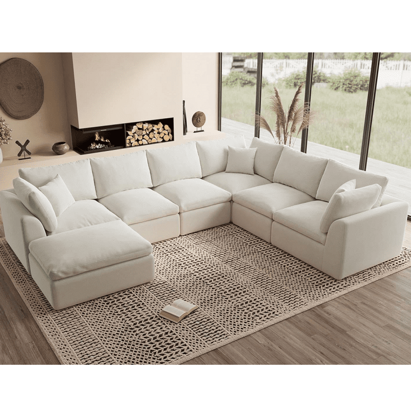 Modern Modular Sectional Sofa with Ottoman, Oversized 7-Seater L-Shaped Cloud Couch for Living Room, Apartment & Family Lounge, Beige