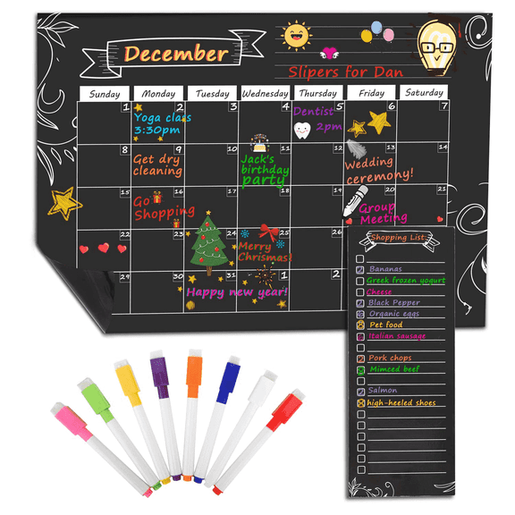 MoKo Monthly Calendar Planner & Grocery Shopping List, Magnetic Calendar for Refrigerator, Black