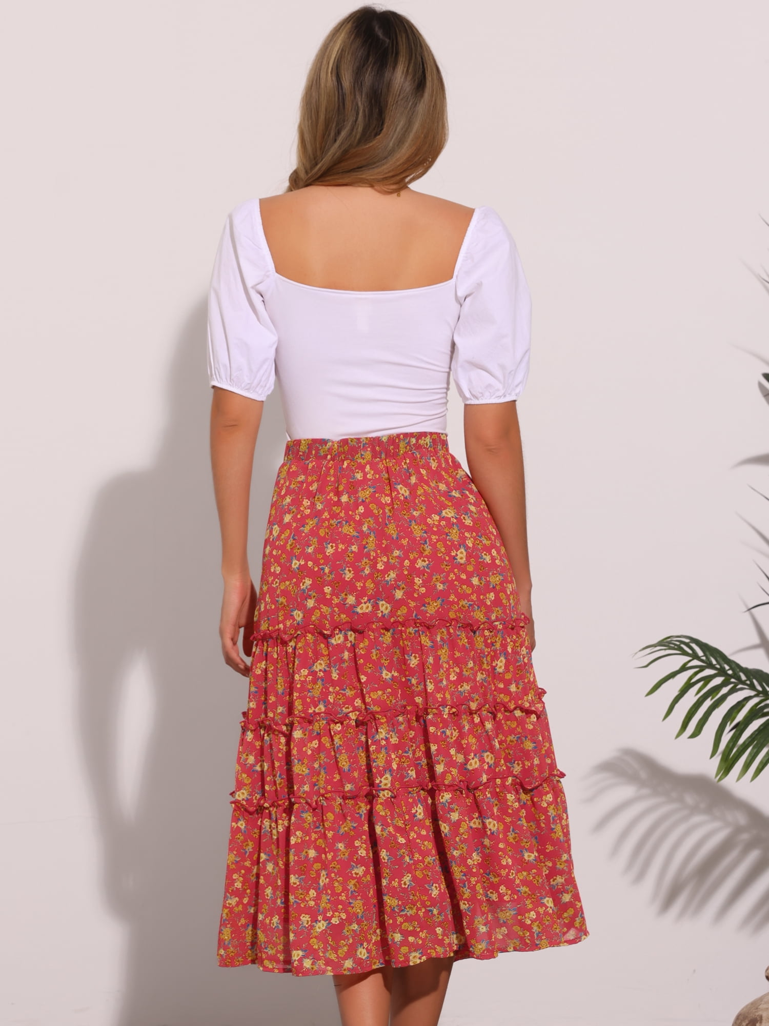 DARING DIVA Women's Chiffon Tiered A-Line Maxi Skirt M Red Flower
