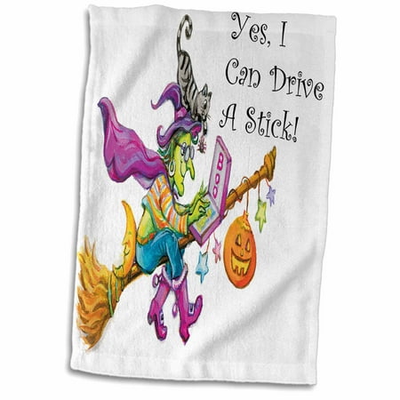 Hers Steak - 3dRose Cute Witch Flying Her Groom Says Yes I Can Drive A Stick In Black - Towel, 15 by 22-inch