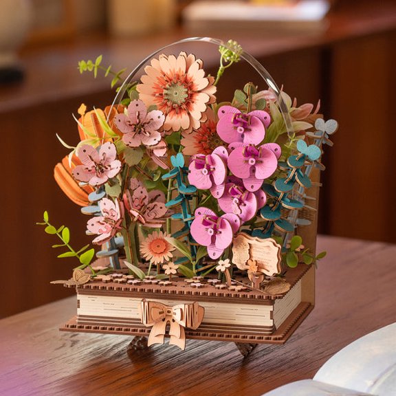 ROBOTIME Wooden Blooming Book 3D Puzzle Craft Kits, DIY Artificial Flowers Model Building Sets Home Decor, Wedding/Mother's Day/Valentine's Day Gifts for Women Adults