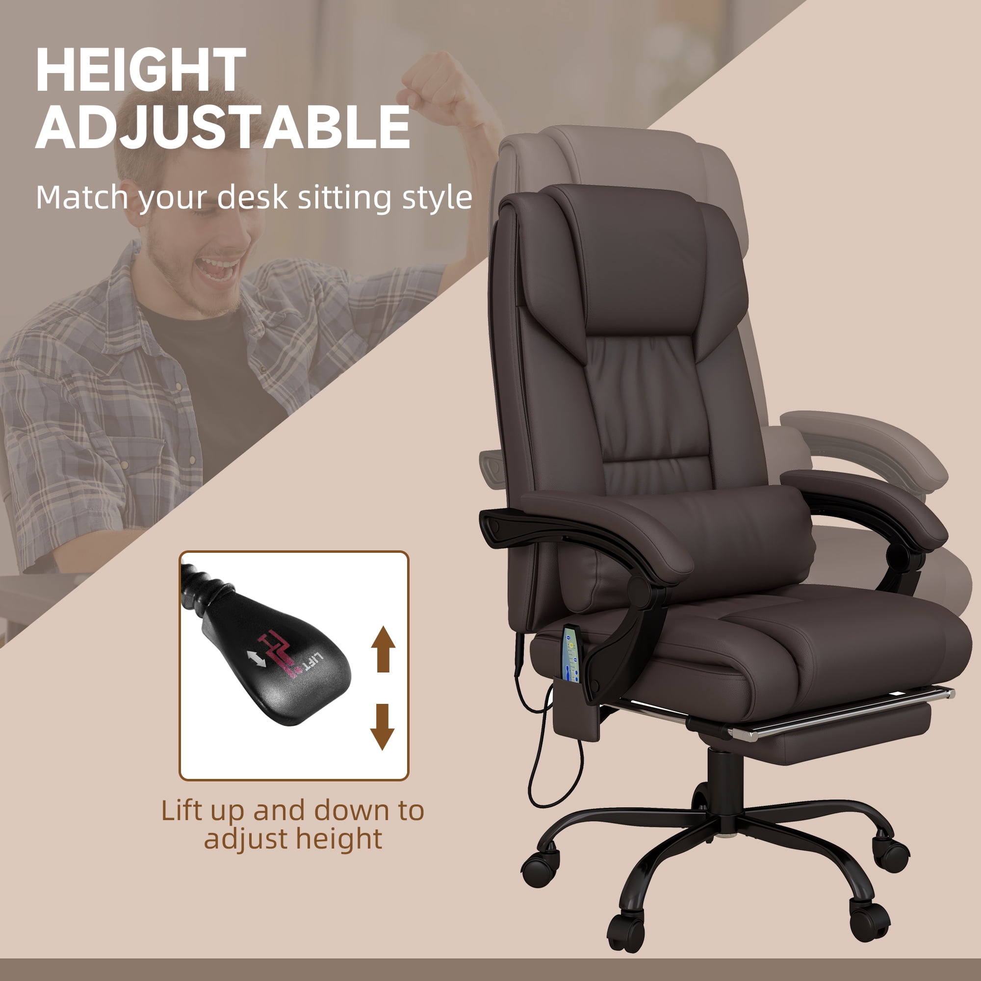 Vinsetto High Back Massage Office Chair with 6 Vibration Points, PU Leather Reclining Computer Chair, Ergonomic Desk Chair with Footrest Adjustable Height and Remote, Brown