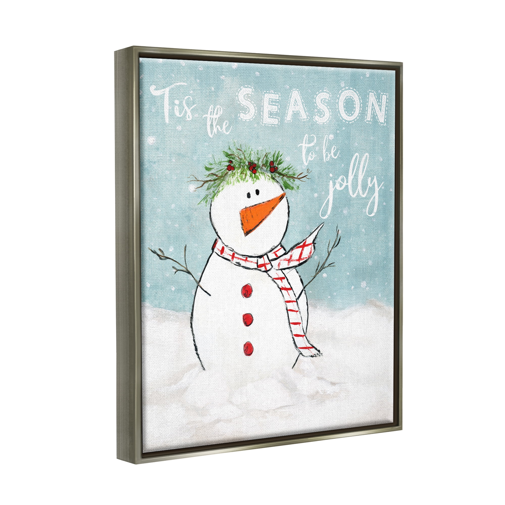 Stupell Industries Tis the Season Snowman Holiday Painting Gray Floater Framed Canvas Art Print Wall Art, 25 x 31