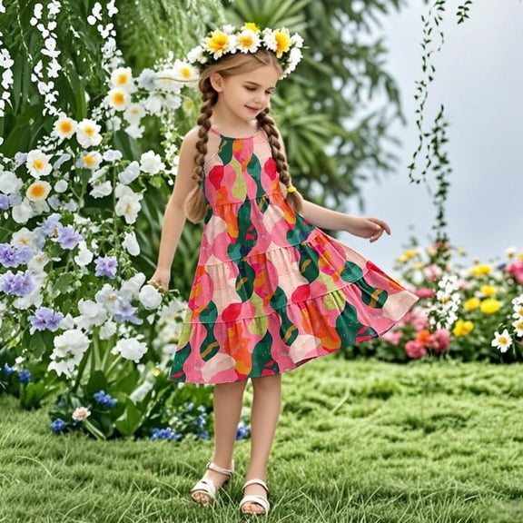 Piuwrlz Girls Summer Dresses Girl Casual Play Dresses Pleated Skirts Pink Size 5 Years