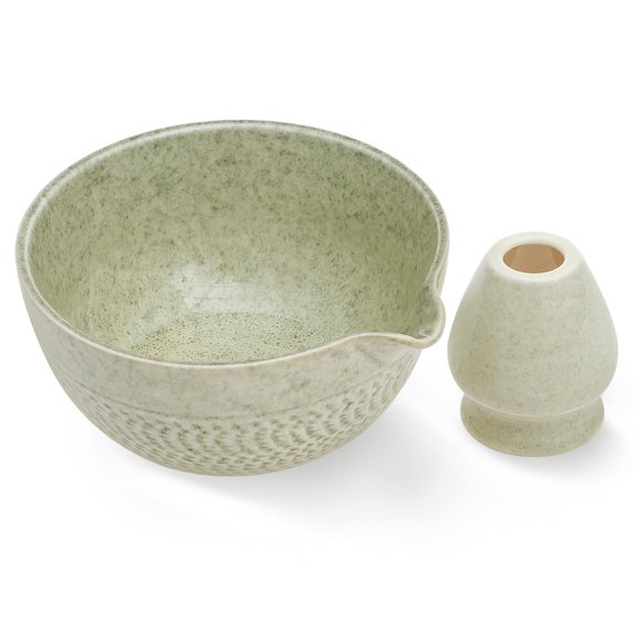 Grusce Ceramic Matcha Bowl Whisk Holder, Temperature Resistant Braid Textured Matcha Tea Bowl Set with Spout for Trip Home Use