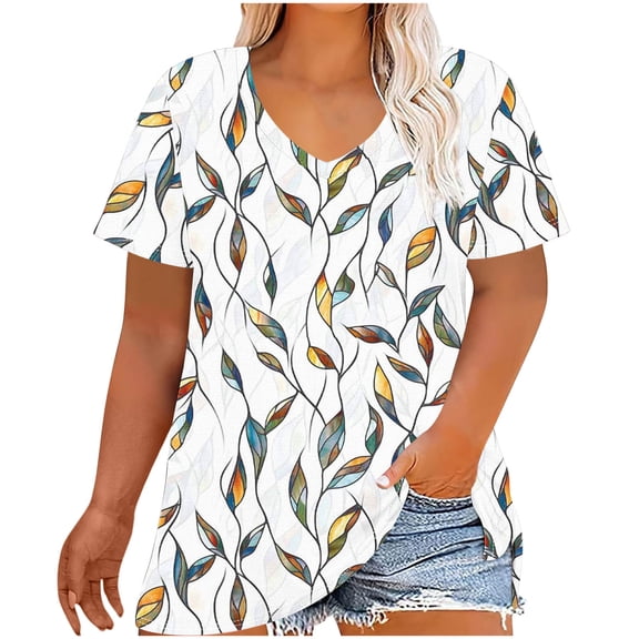 Moxiu Women's Plus Size Tunic Tops Short Sleeve V Neck Floral Shirts Spring Summer Curved Hem Loose Fit Casual T Shirt Top White,XL