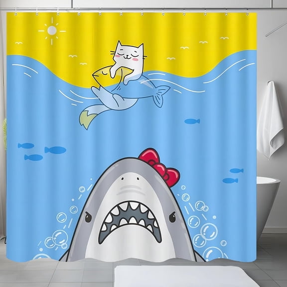 Cat Cute Sea Shark Shower Curtain for Bathroom Durable Water-Proof Women Men Quick-Drying Shower Curtain with 12 Hooks for Hotel Home Decor Bath Accessories 72x72 Inch
