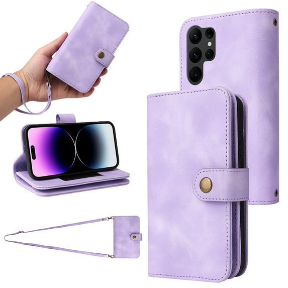 ELEHOLD for Samsung Galaxy S23 Ultra Wallet Case, PU Leather 6 Card Slots Removable Adjustable Crossbody Necklace Lanyard Shoulder Strap Zipper Bag Anti-Falling Rugged Case for S23 Ultra,Purple